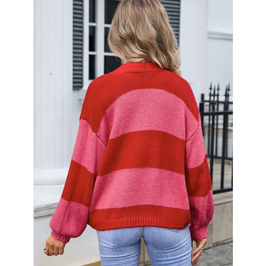 Striped Open Front Dropped Shoulder Cardigan Apparel and Accessories