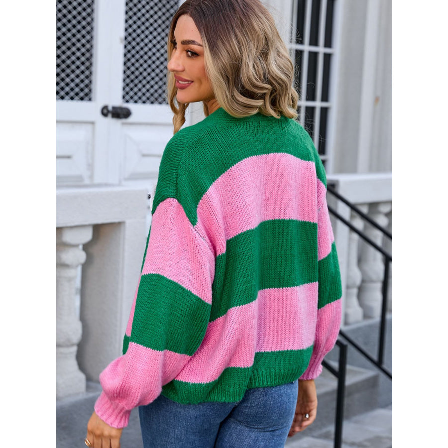 Striped Open Front Dropped Shoulder Cardigan Apparel and Accessories