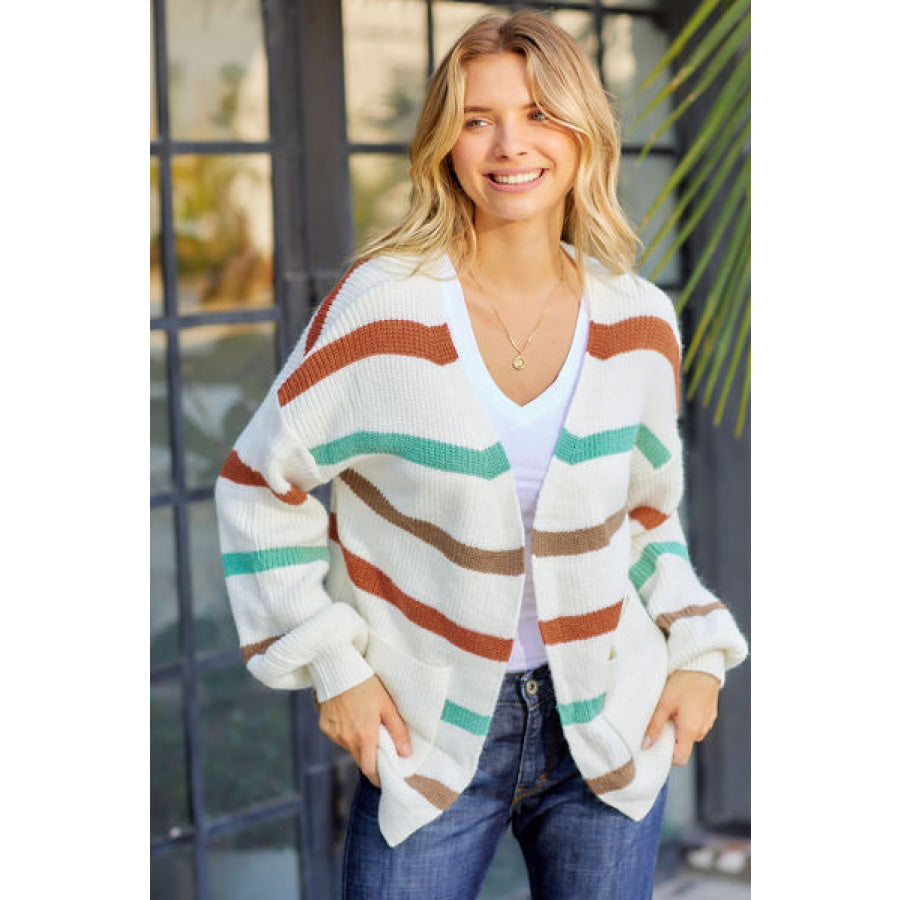 Striped Open Front Dropped Shoulder Cardigan Apparel and Accessories