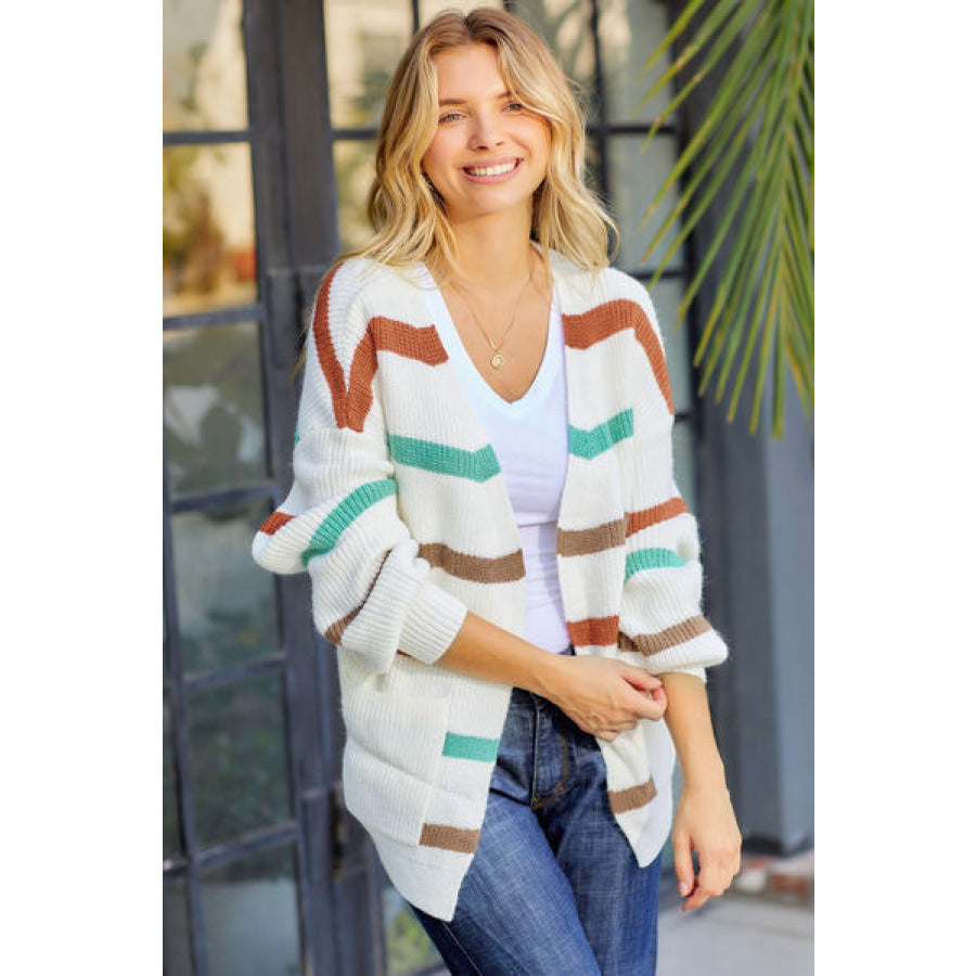 Striped Open Front Dropped Shoulder Cardigan Apparel and Accessories