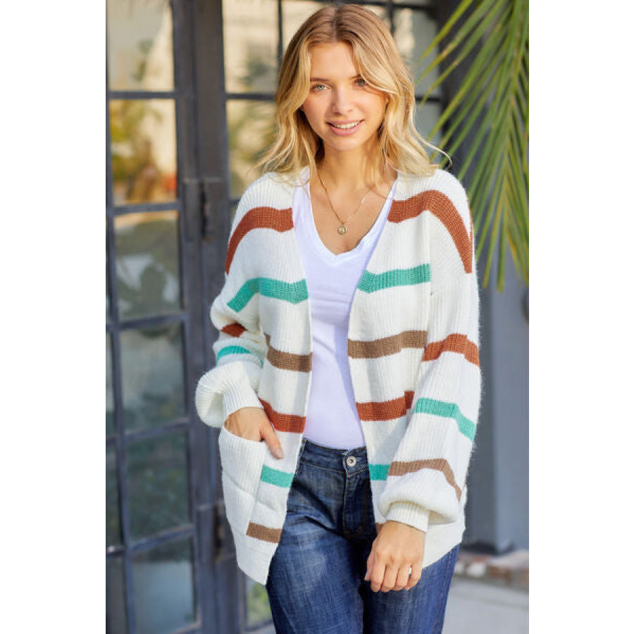 Striped Open Front Dropped Shoulder Cardigan Beige / S Apparel and Accessories