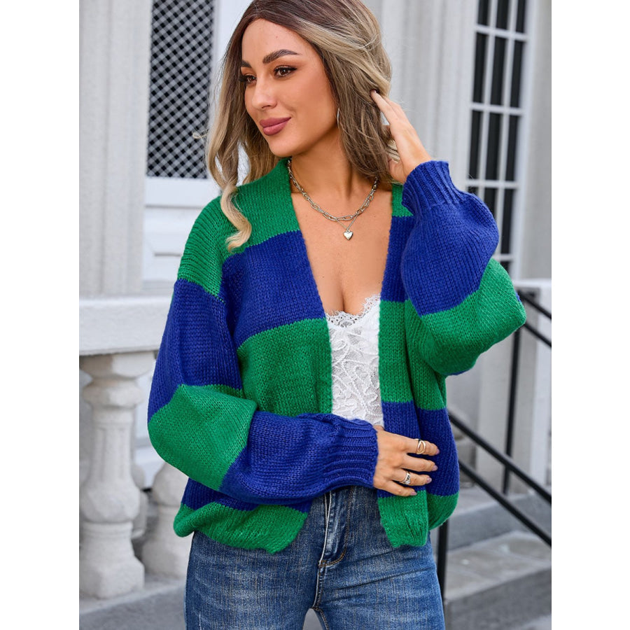 Striped Open Front Dropped Shoulder Cardigan Dark Navy / S Apparel and Accessories