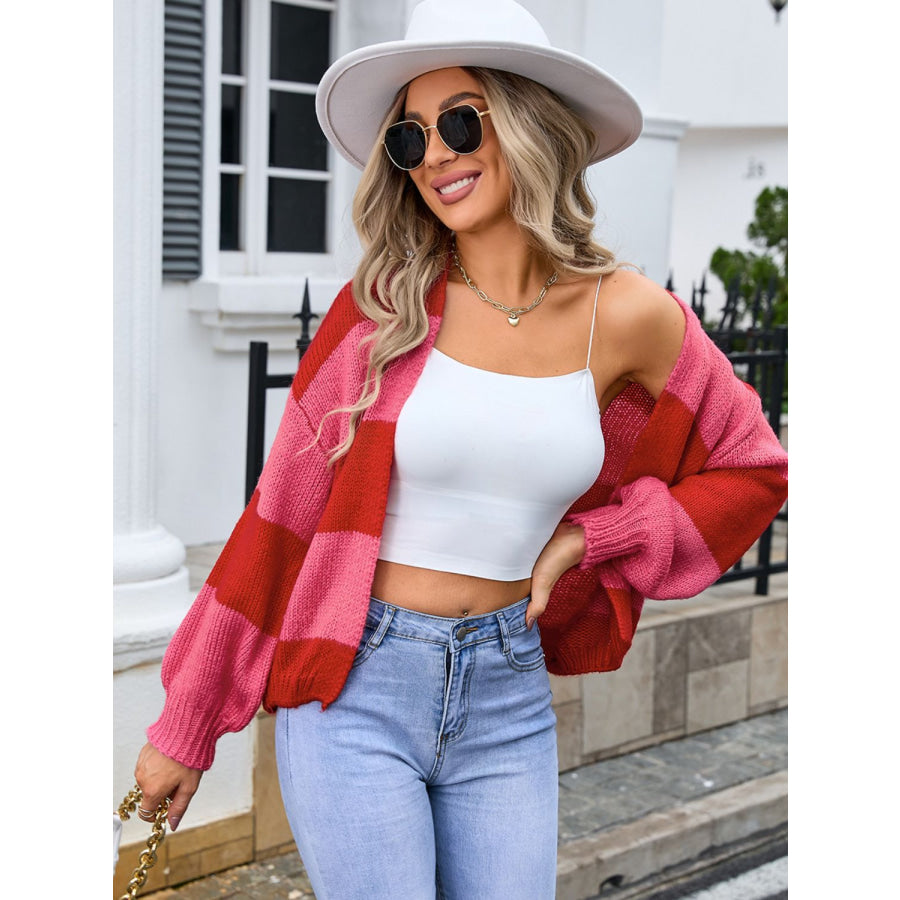 Striped Open Front Dropped Shoulder Cardigan Deep Red / S Apparel and Accessories