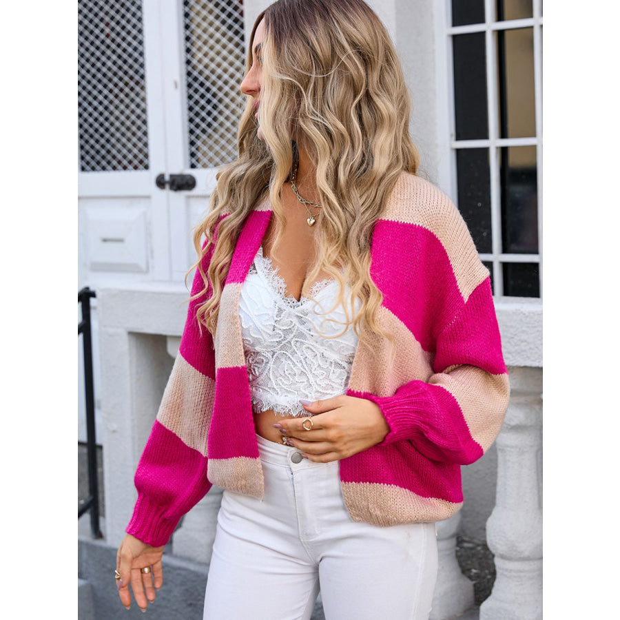 Striped Open Front Dropped Shoulder Cardigan Deep Rose / S Apparel and Accessories