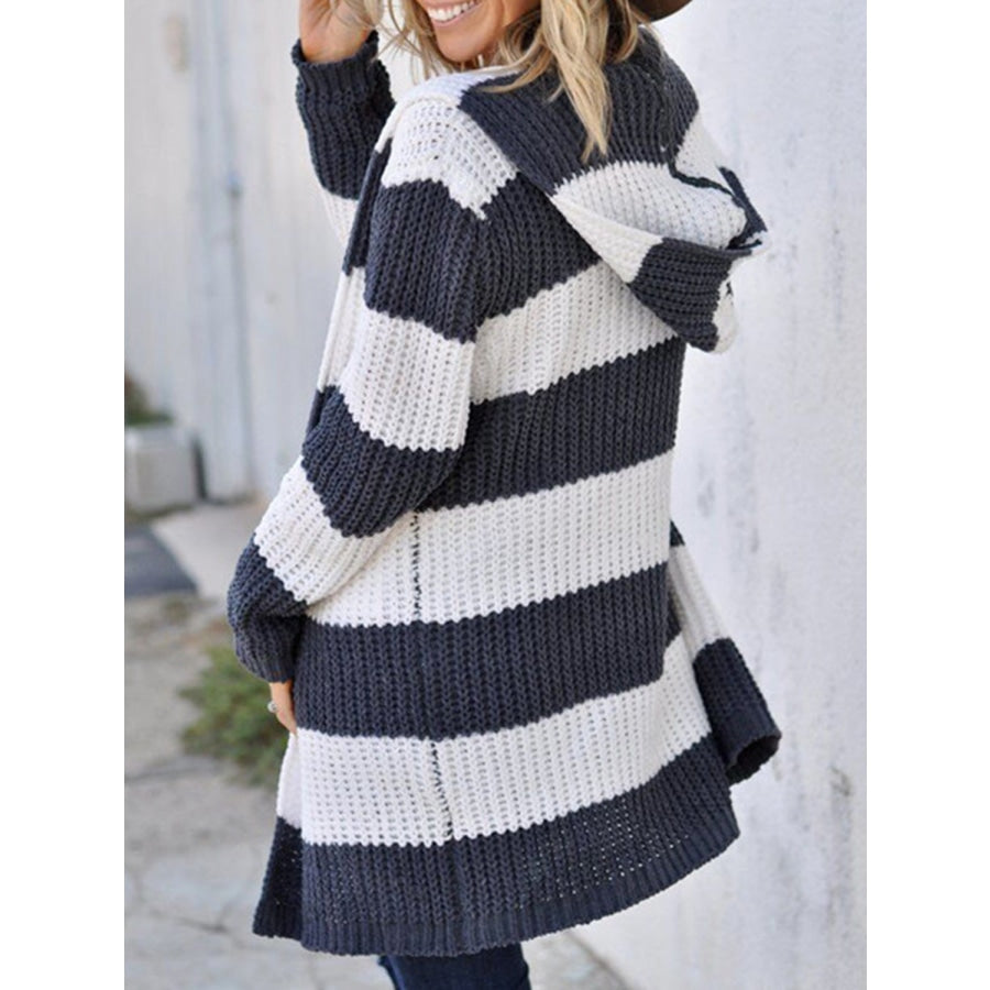 Striped Open Front Hooded Cardigan