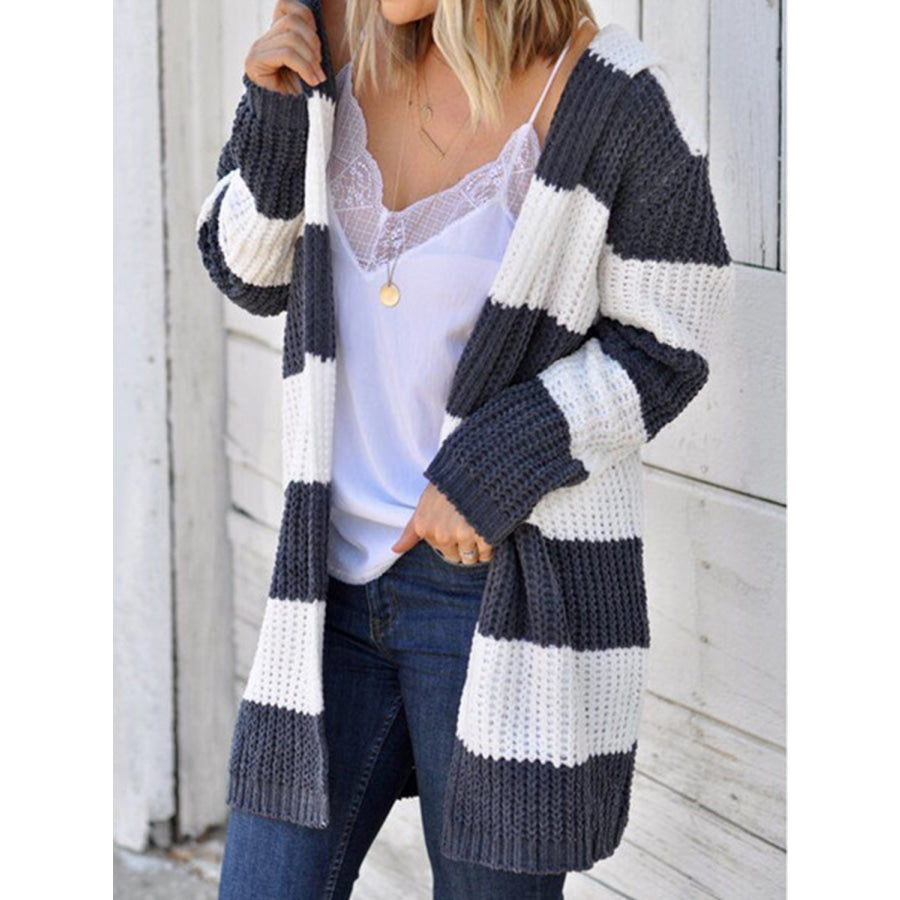 Striped Open Front Hooded Cardigan White / S