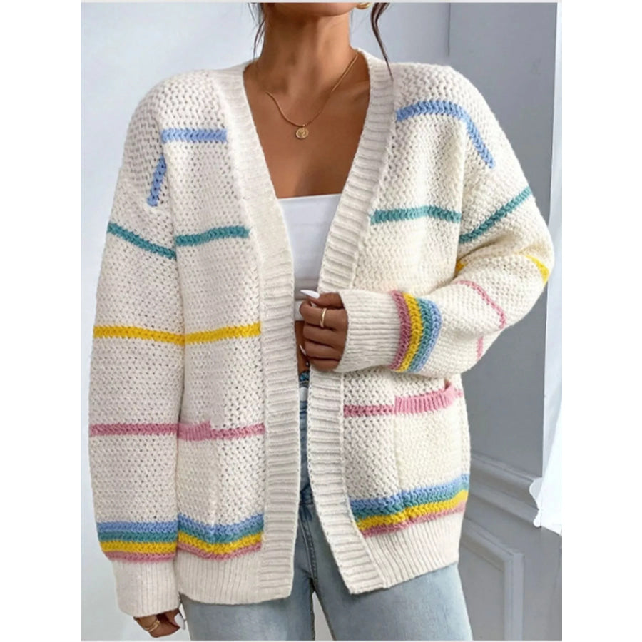 Striped Open Front Knit Cardigan Apricot / S Apparel and Accessories