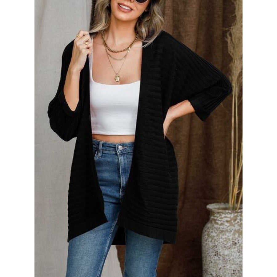 Striped Open Front Knit Cardigan Black / S Apparel and Accessories