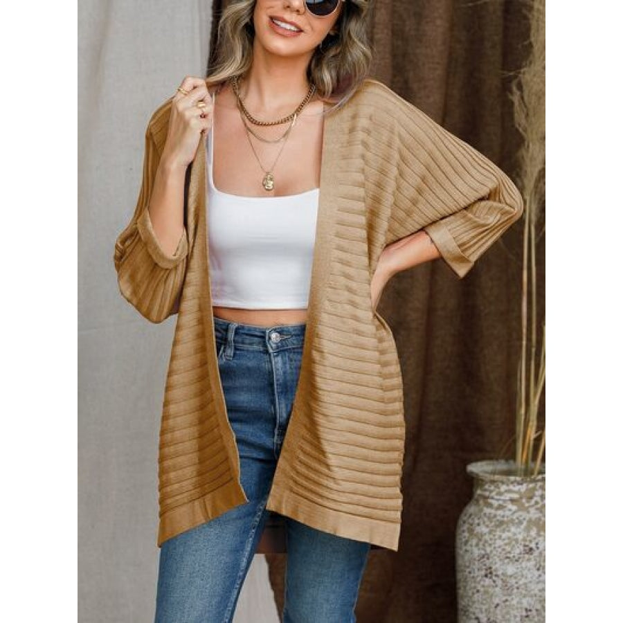 Striped Open Front Knit Cardigan Camel / S Apparel and Accessories