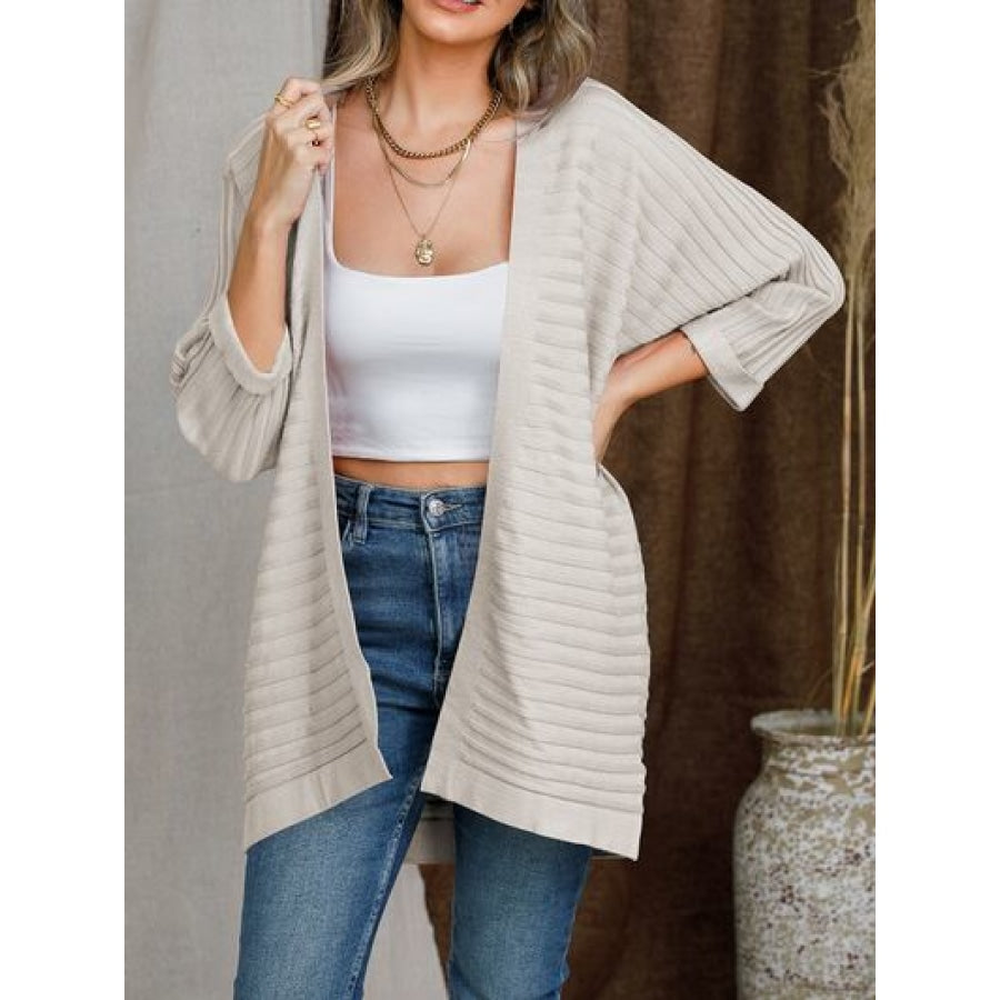 Striped Open Front Knit Cardigan Dust Storm / S Apparel and Accessories