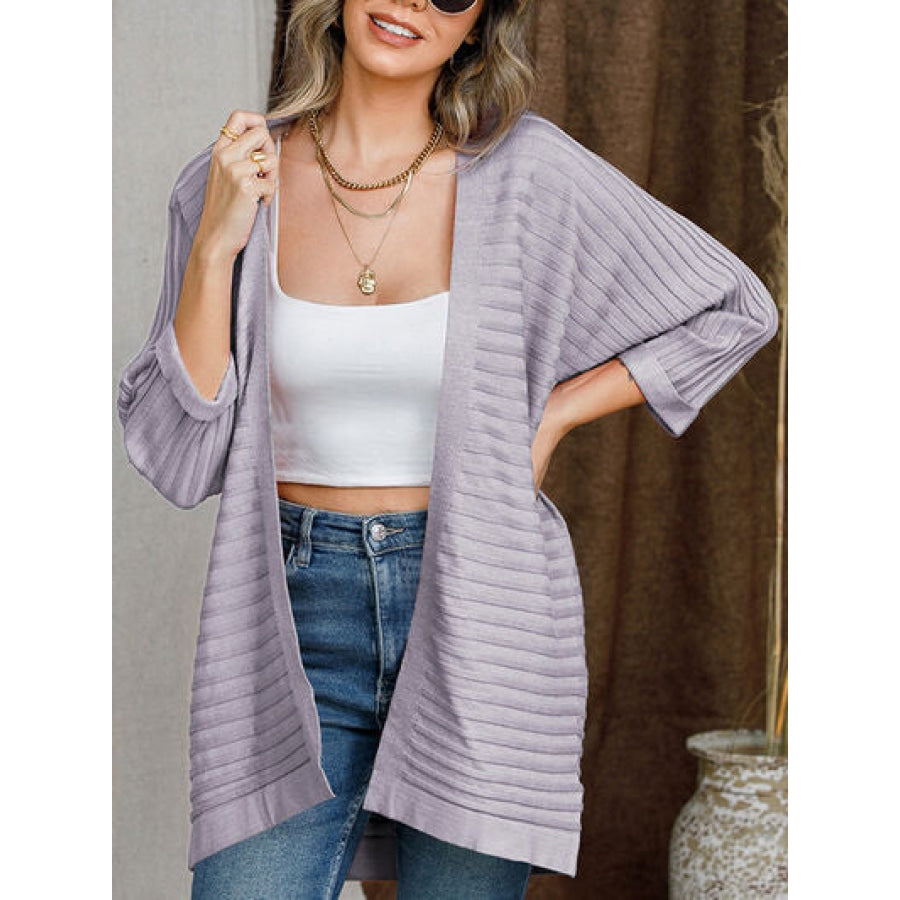 Striped Open Front Knit Cardigan Heather Gray / S Apparel and Accessories