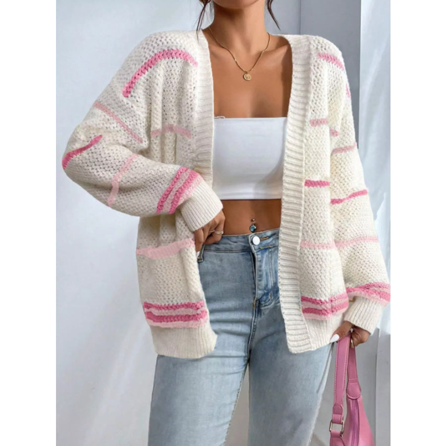 Striped Open Front Knit Cardigan Pink / S Apparel and Accessories