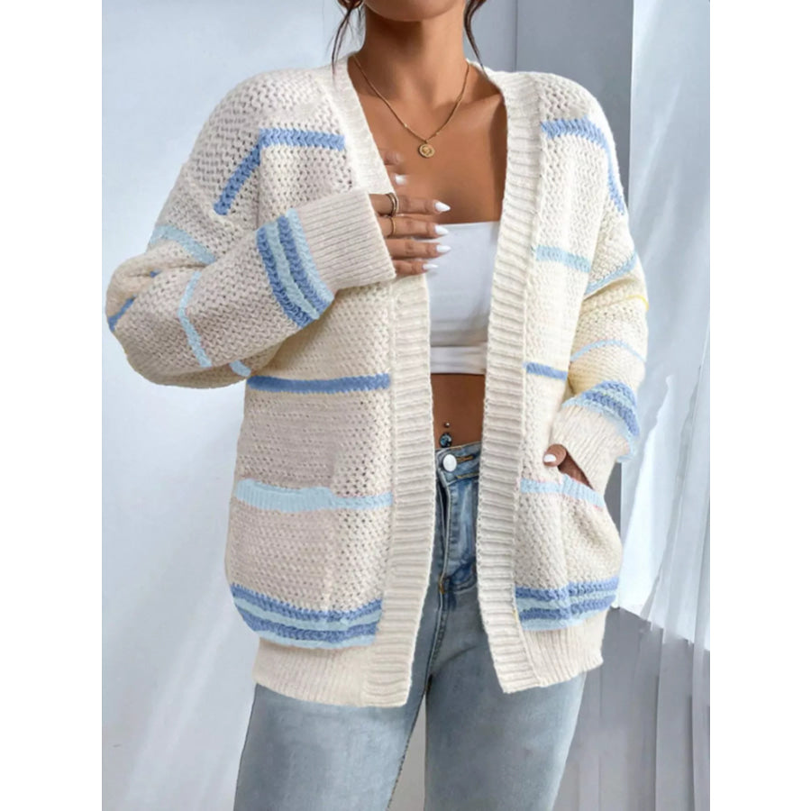Striped Open Front Knit Cardigan Sky Blue / S Apparel and Accessories