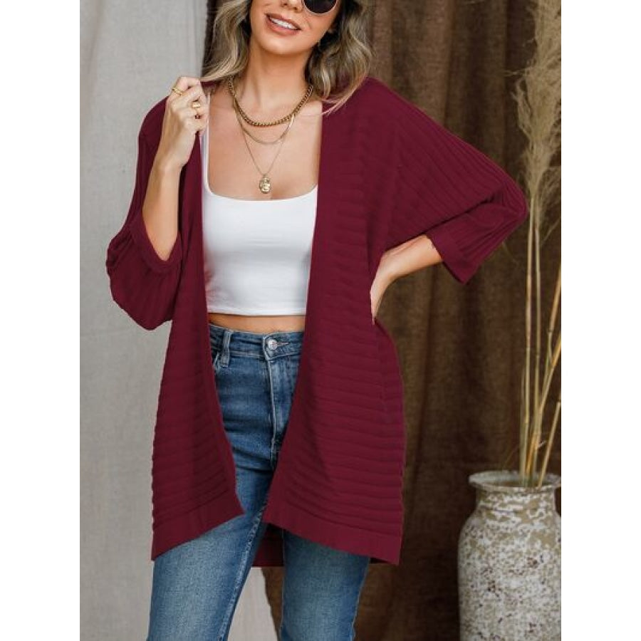 Striped Open Front Knit Cardigan Wine / S Apparel and Accessories