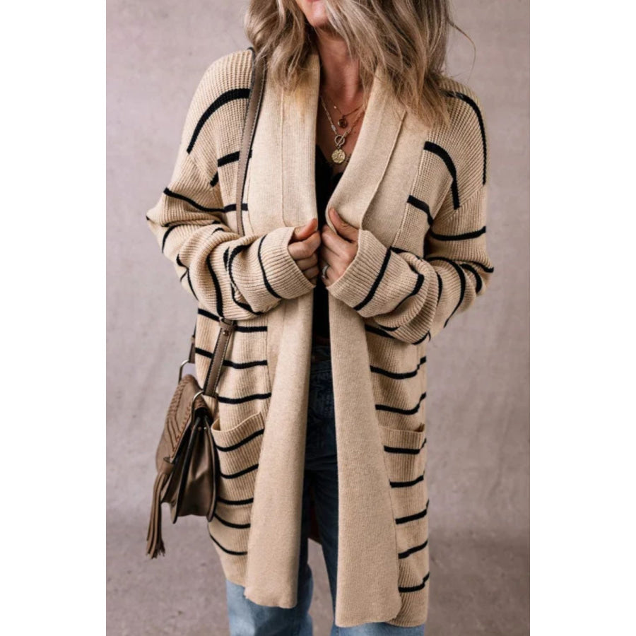 Striped Open Front Long Sleeve Cardigan Apparel and Accessories