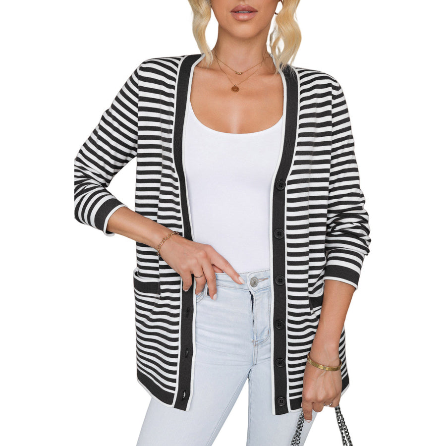 Striped Open Front Long Sleeve Cardigan Apparel and Accessories