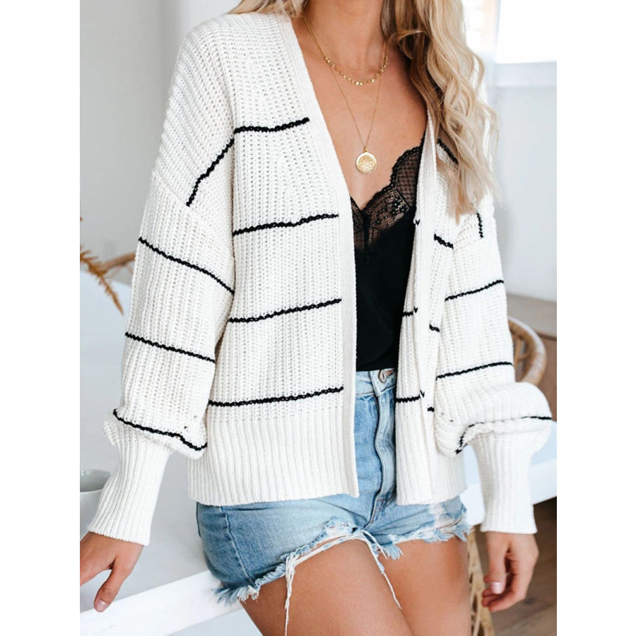 Striped Open Front Long Sleeve Cardigan White / S Apparel and Accessories