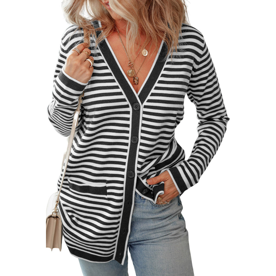 Striped Open Front Long Sleeve Cardigan Apparel and Accessories