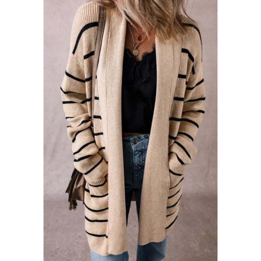 Striped Open Front Long Sleeve Cardigan Apparel and Accessories