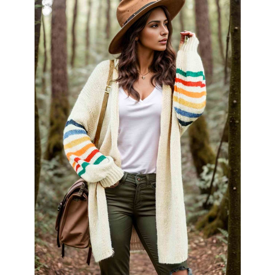 Striped Open Front Long Sleeve Cardigan Beige / S