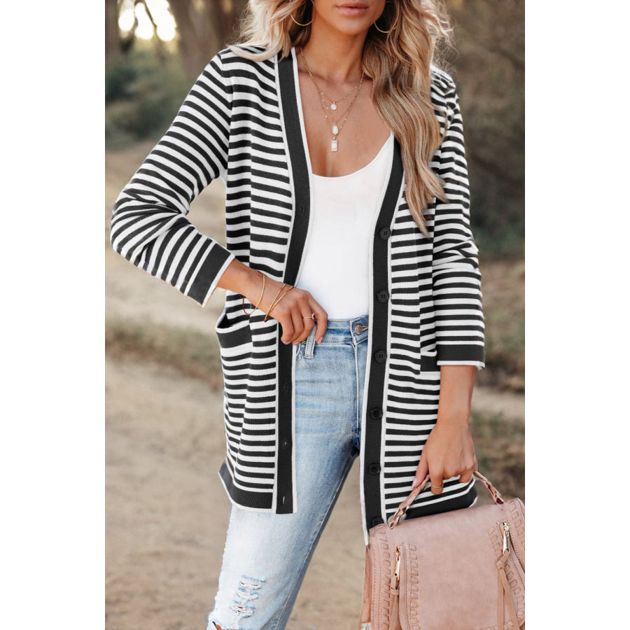 Striped Open Front Long Sleeve Cardigan Black / S Apparel and Accessories