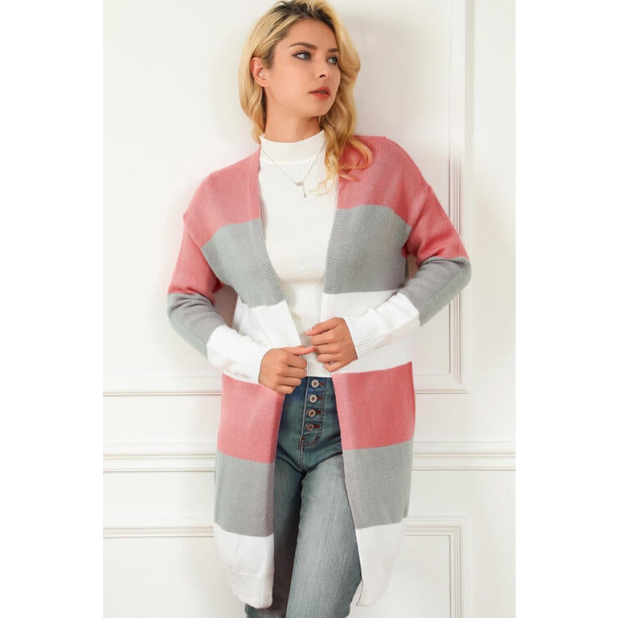 Striped Open Front Long Sleeve Cardigan Burnt Coral / S Clothing