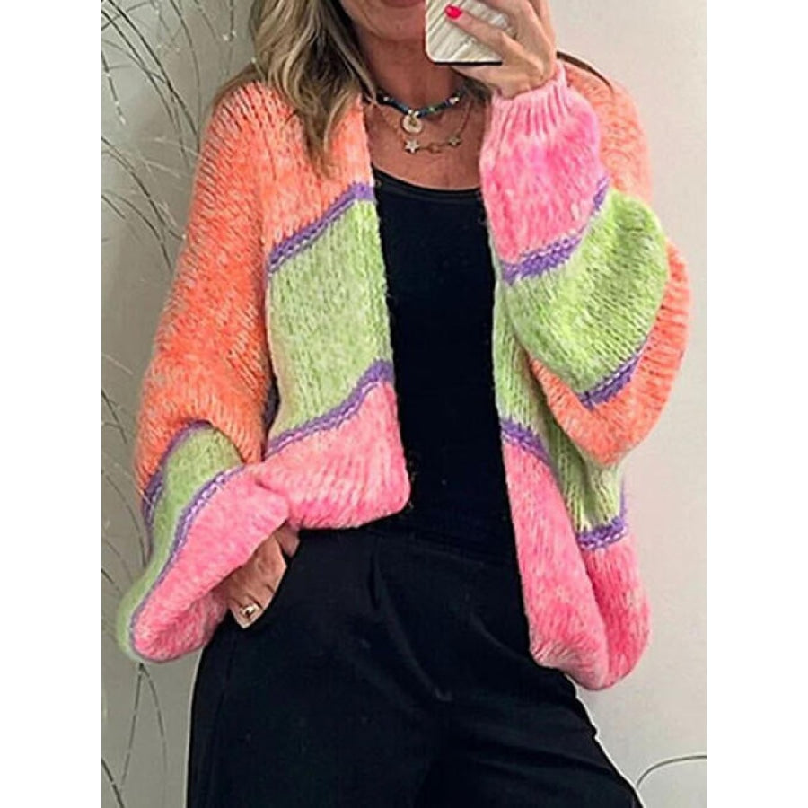 Striped Open Front Long Sleeve Cardigan Carnation Pink / S Clothing