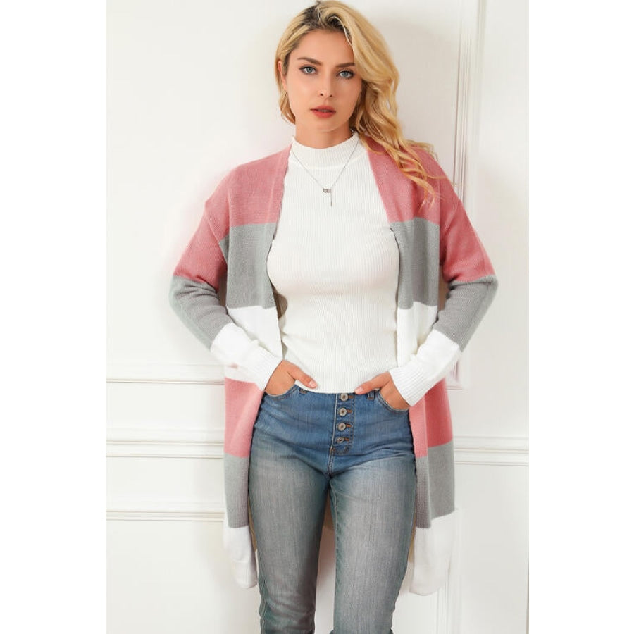 Striped Open Front Long Sleeve Cardigan Clothing