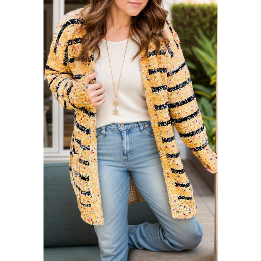 Striped Open Front Long Sleeve Cardigan Gold / S Apparel and Accessories