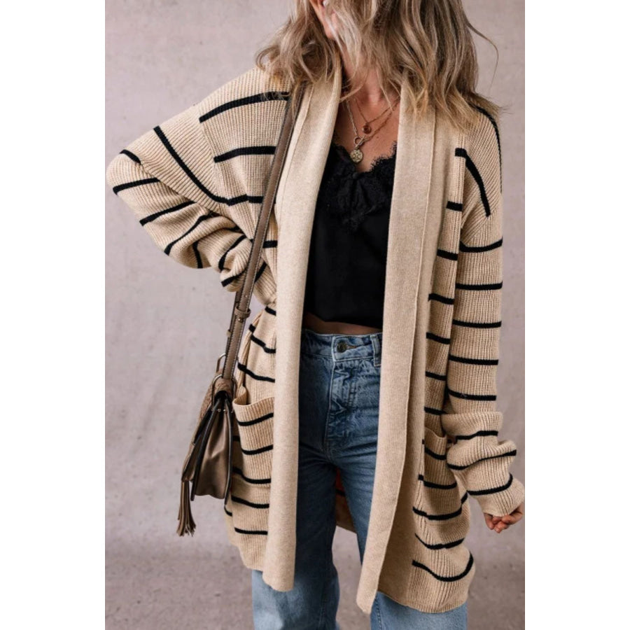 Striped Open Front Long Sleeve Cardigan Khaki / S Apparel and Accessories