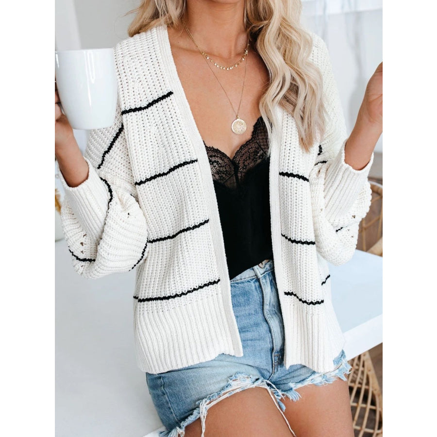 Striped Open Front Long Sleeve Cardigan White / S Apparel and Accessories