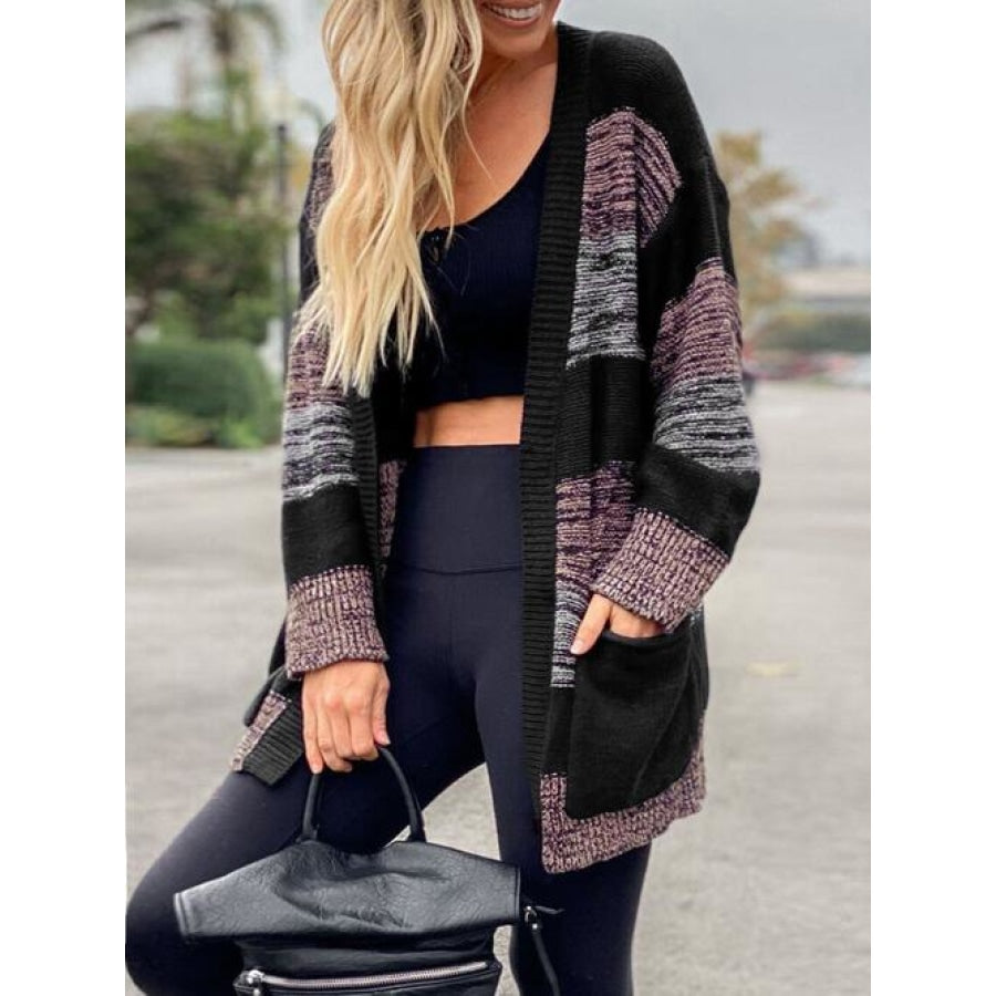 Striped Open Front Long Sleeve Cardigan with Pockets Black / S Clothing