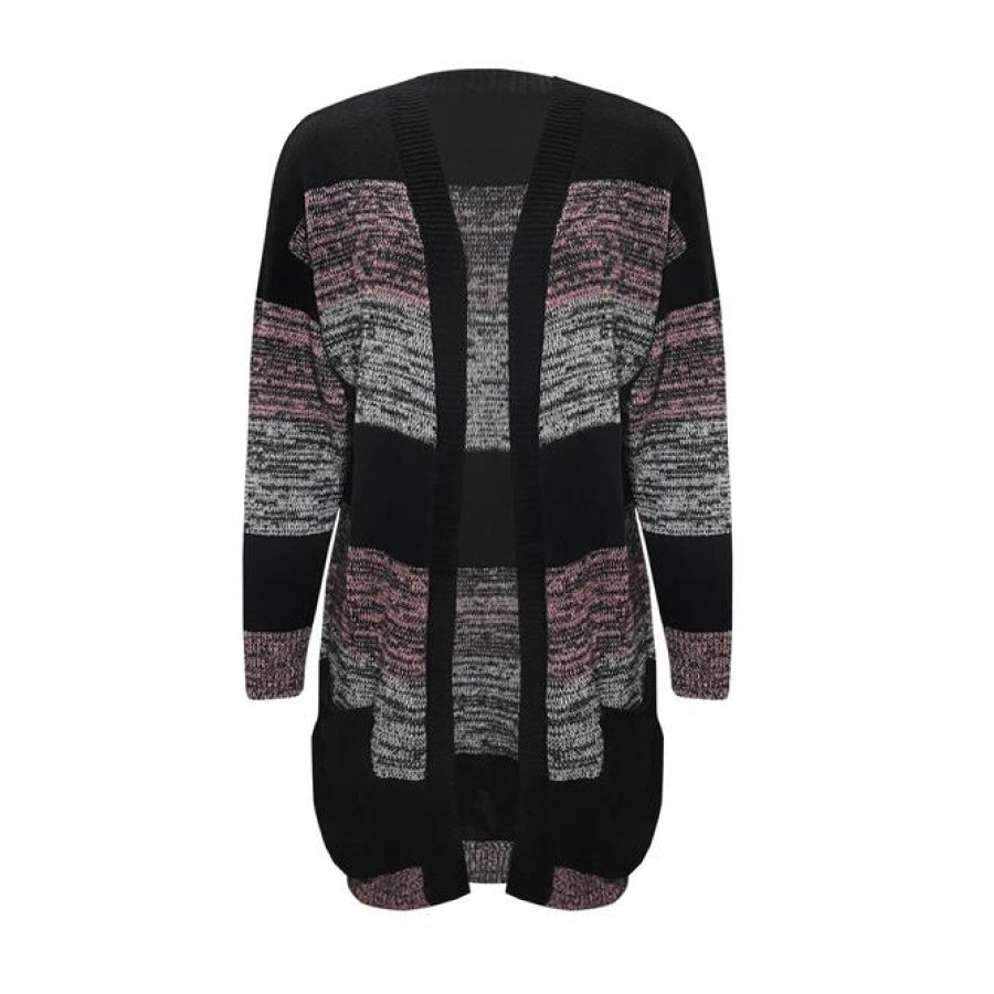 Striped Open Front Long Sleeve Cardigan with Pockets Black / S Clothing