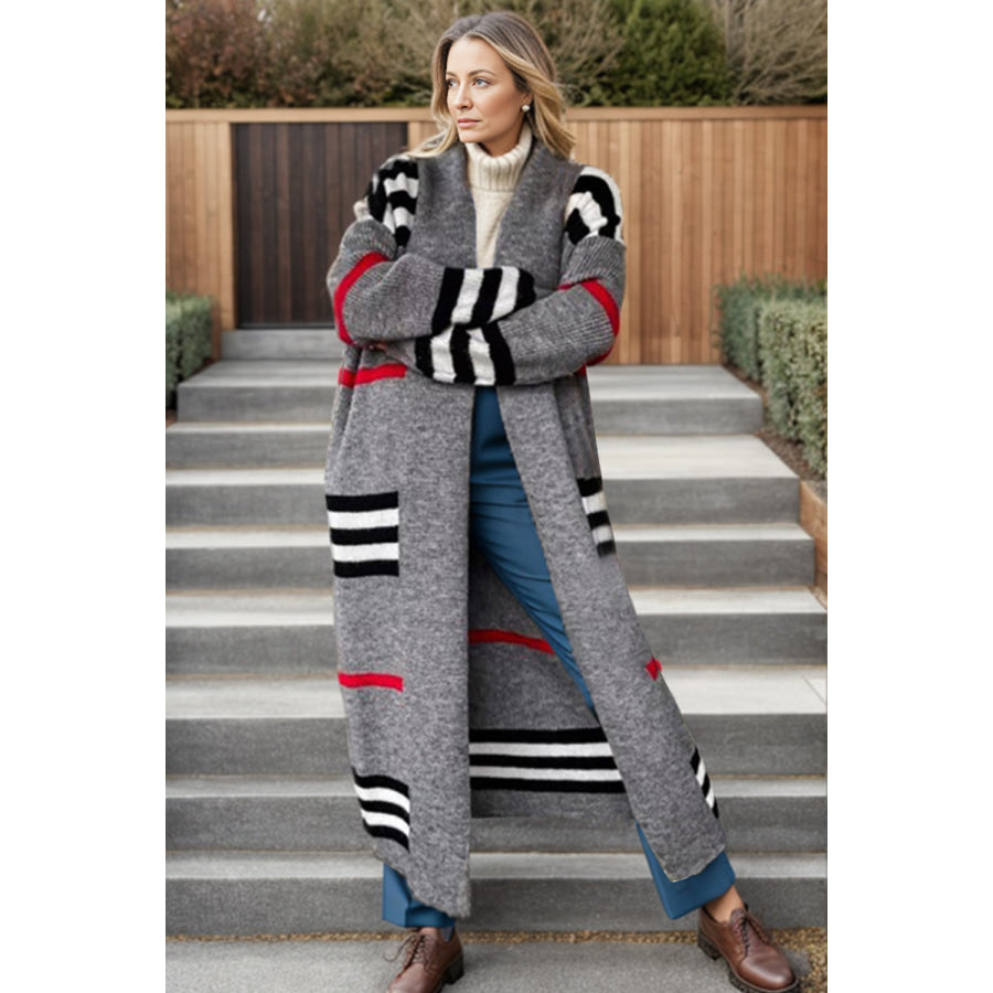 Striped Open Front Long Sleeve Longline Sweater Cardigan Charcoal / S Apparel and Accessories