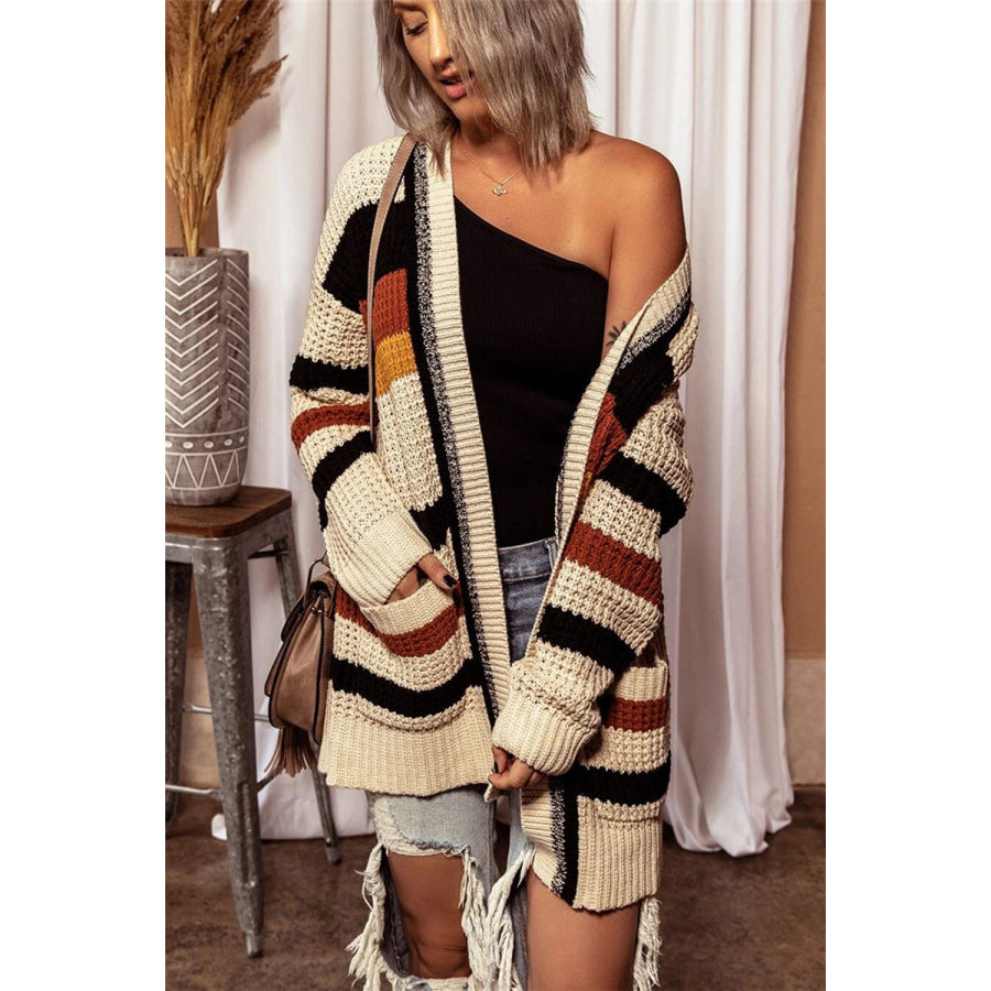 Striped Open Front Longline Cardigan Apparel and Accessories