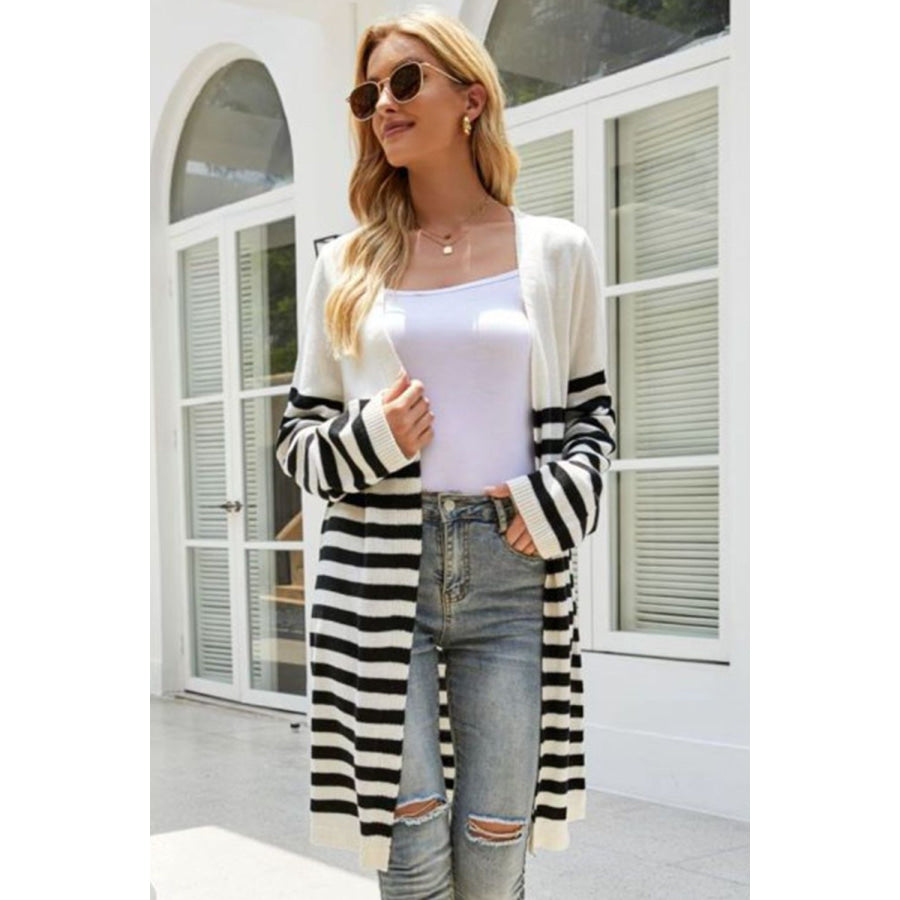 Striped Open Front Longline Cardigan Black / S