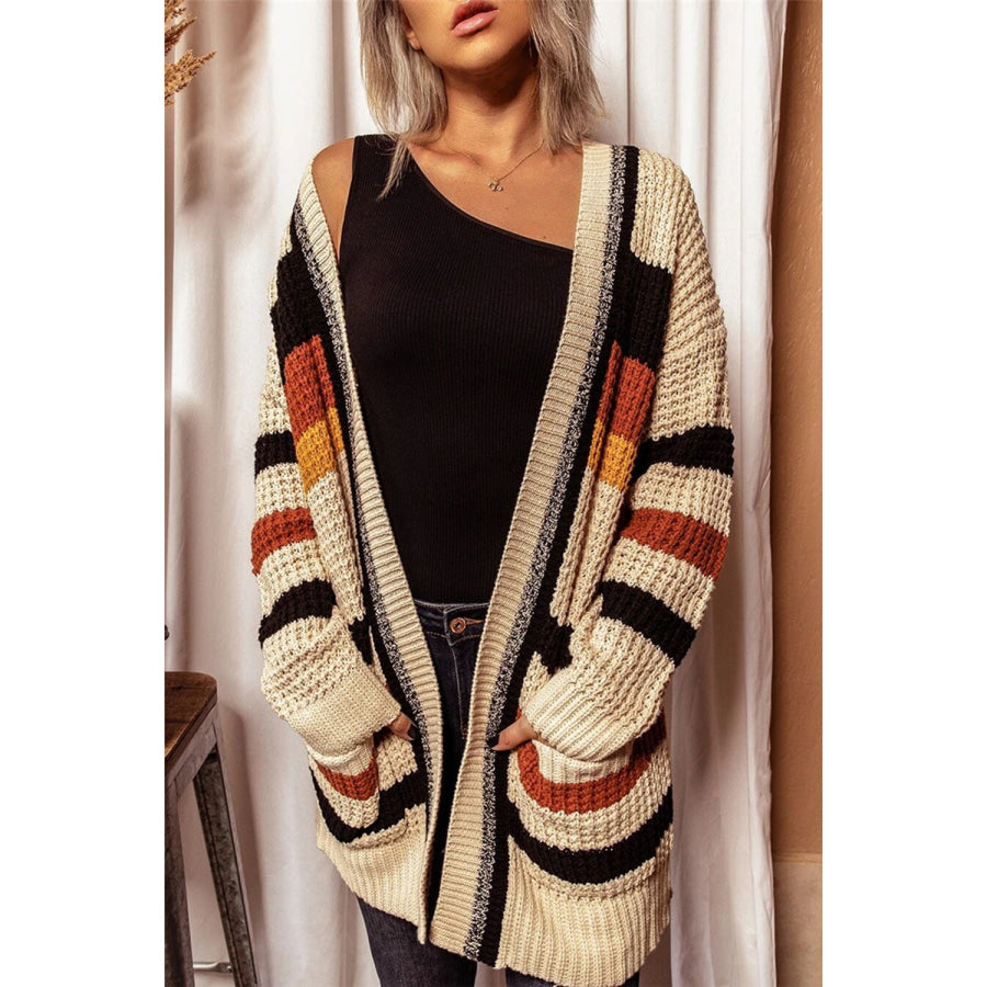 Striped Open Front Longline Cardigan Khaki / S Apparel and Accessories