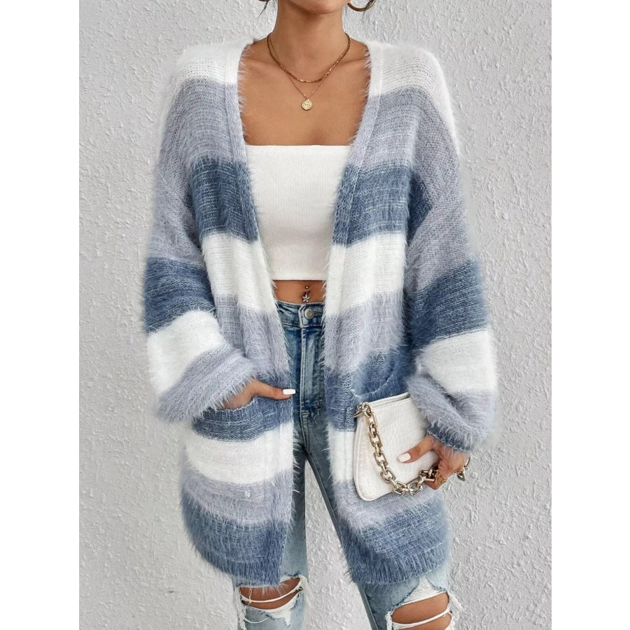 Striped Open Front Oversized Cardigan Light Blue / S Apparel and Accessories