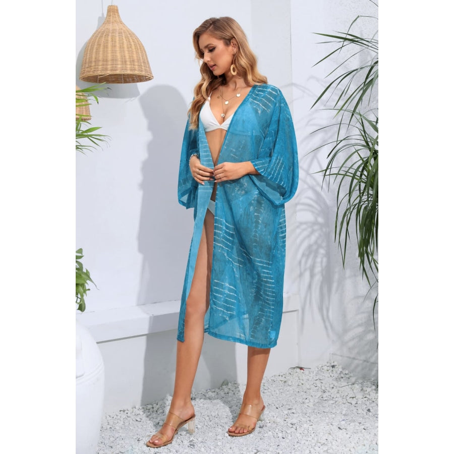 Striped Open Front Sheer Cover Up Sky Blue / One Size