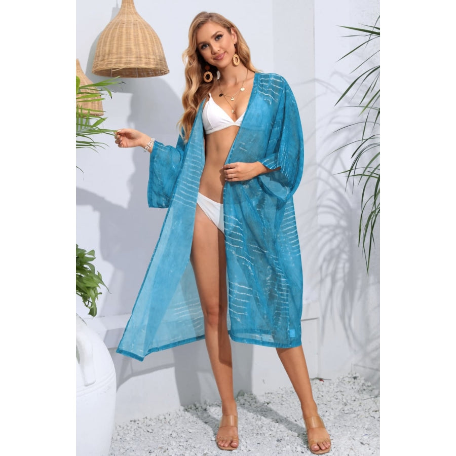 Striped Open Front Sheer Cover Up Sky Blue / One Size