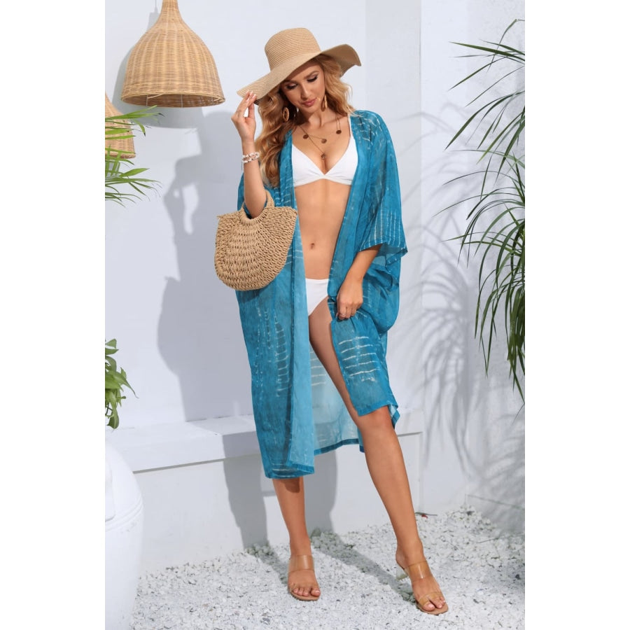 Striped Open Front Sheer Cover Up Sky Blue / One Size