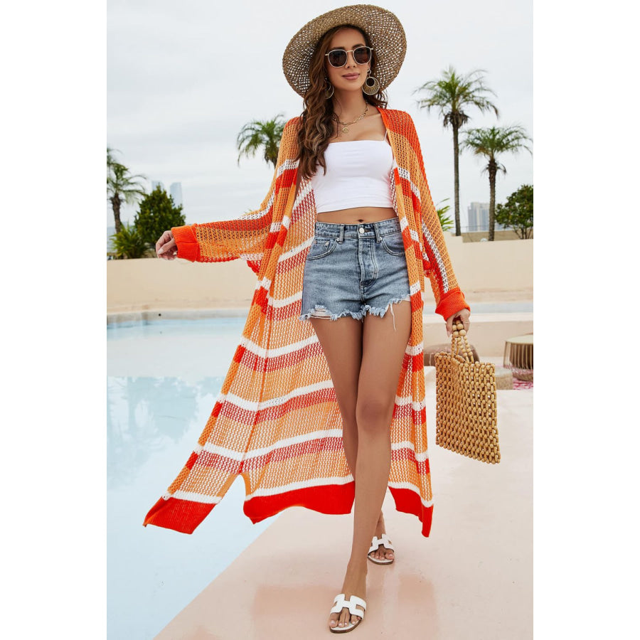 Striped Open Front Side Slit Duster Cover Up Apparel and Accessories