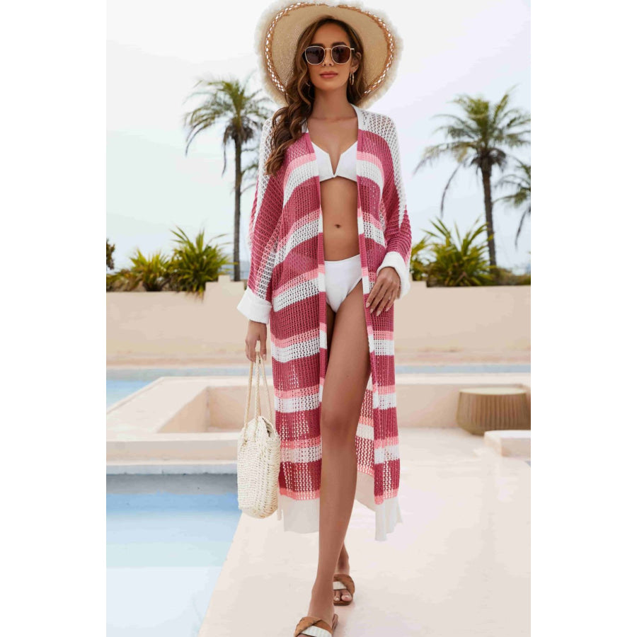 Striped Open Front Side Slit Duster Cover Up Apparel and Accessories