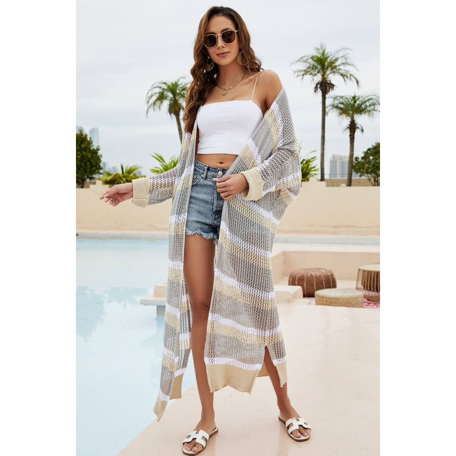Striped Open Front Side Slit Duster Cover Up Apparel and Accessories