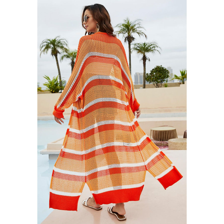 Striped Open Front Side Slit Duster Cover Up Orange / S Apparel and Accessories