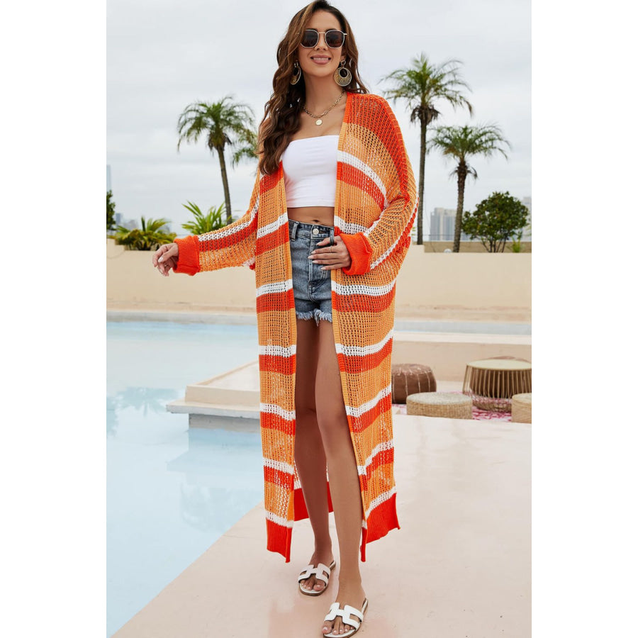 Striped Open Front Side Slit Duster Cover Up Apparel and Accessories
