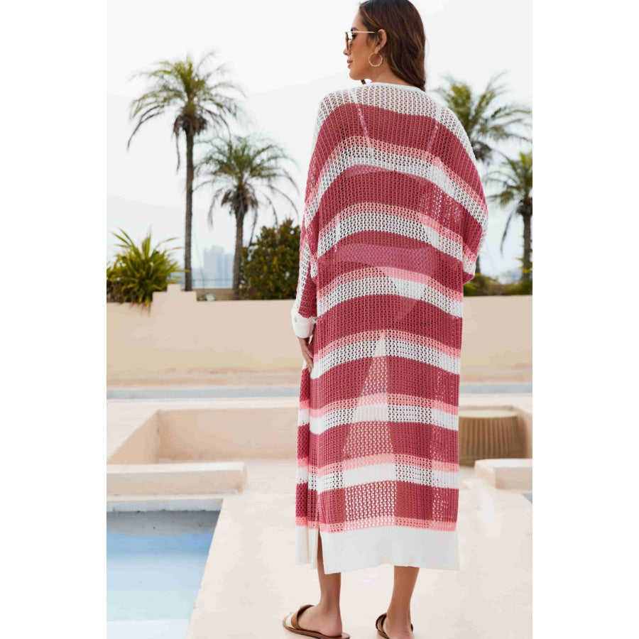 Striped Open Front Side Slit Duster Cover Up Apparel and Accessories