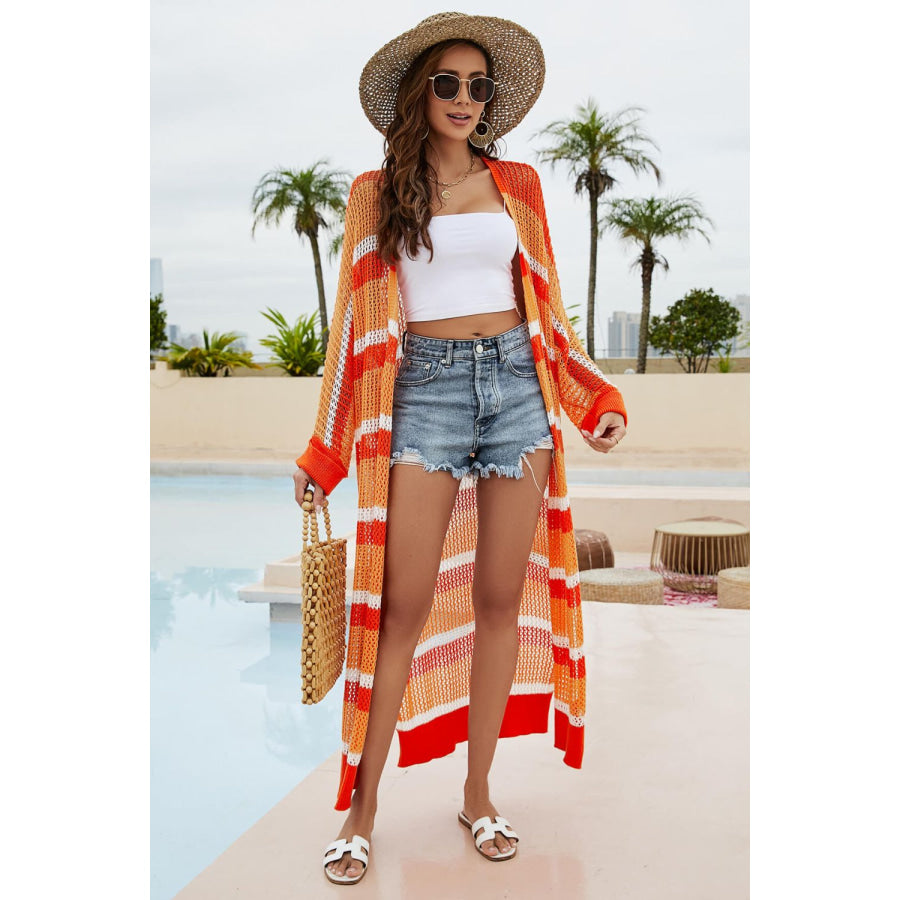Striped Open Front Side Slit Duster Cover Up Apparel and Accessories