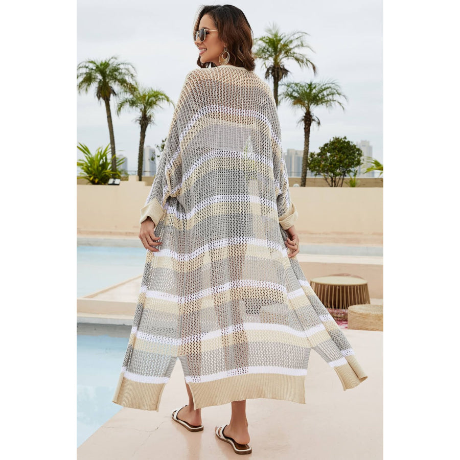 Striped Open Front Side Slit Duster Cover Up Apparel and Accessories