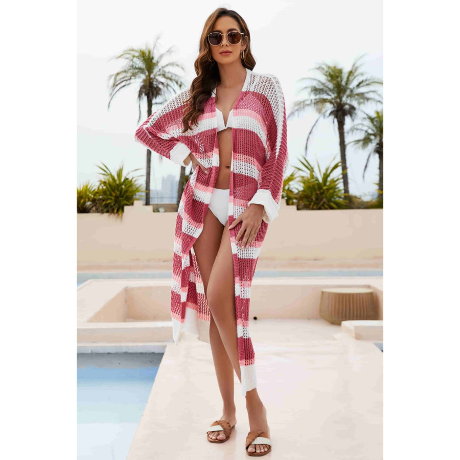 Striped Open Front Side Slit Duster Cover Up Hot Pink / S Apparel and Accessories
